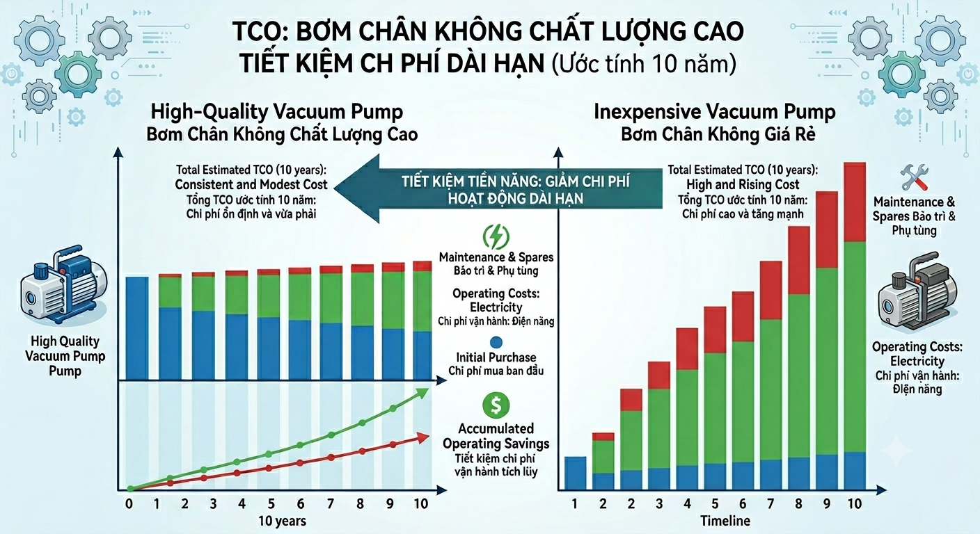 Biểu đồ so sánh chi phí vận hành TCO giữa bơm chân không Nhật/Thái và bơm giá rẻ